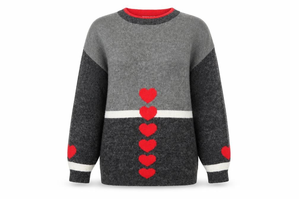 Borgelt Women's Grey Red Heart Knit Crew Neck Jumper Size S