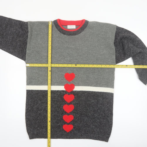 Borgelt Women's Grey Red Heart Knit Crew Neck Jumper Size S