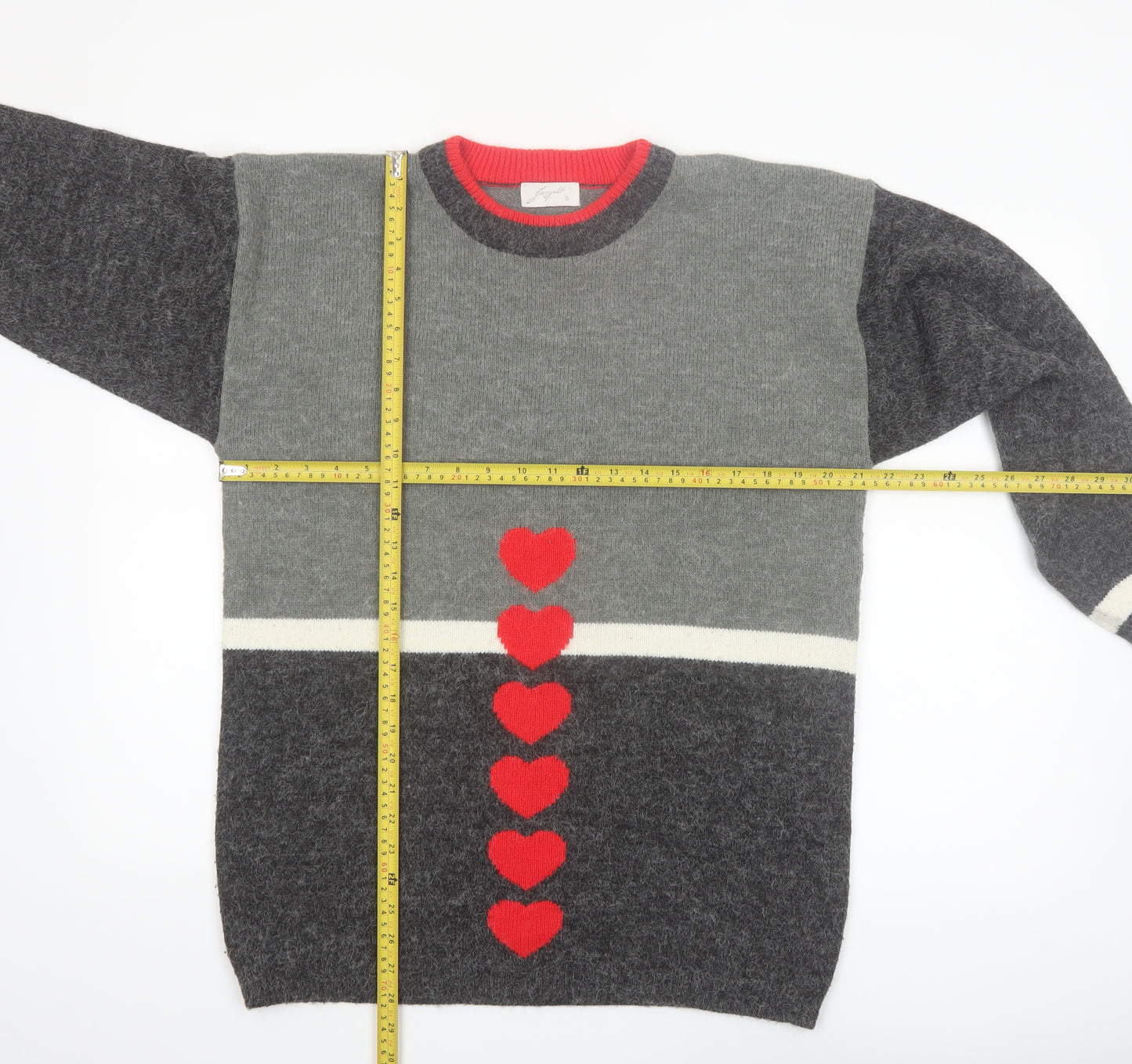 Borgelt Women's Grey Red Heart Knit Crew Neck Jumper Size S