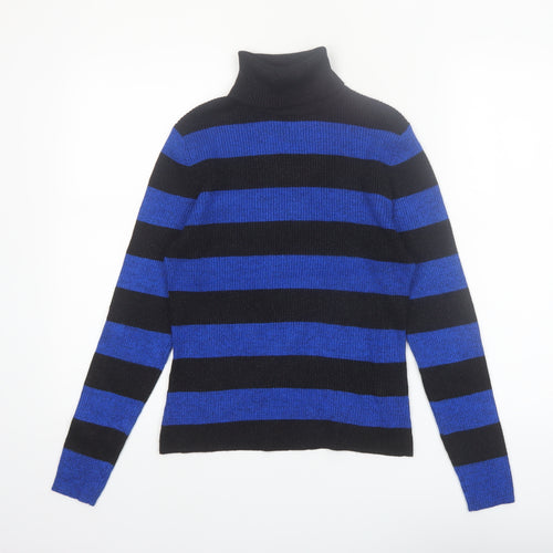 Worthington Women Black Blue Stripe Roll Neck Jumper Small Rayon Blend