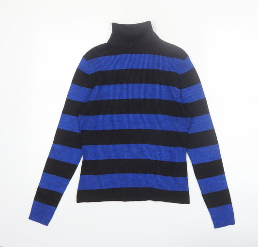 Worthington Women Black Blue Stripe Roll Neck Jumper Small Rayon Blend