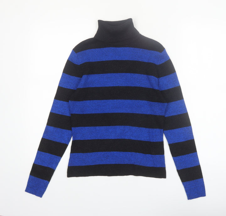 Worthington Women Black Blue Stripe Roll Neck Jumper Small Rayon Blend