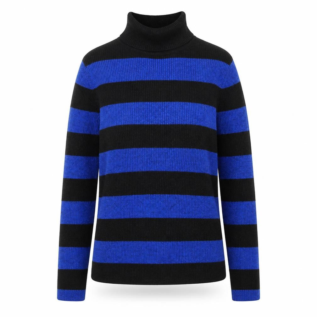 Front view of Worthington Women Black Blue Stripe Roll Neck Jumper Small Rayon Blend