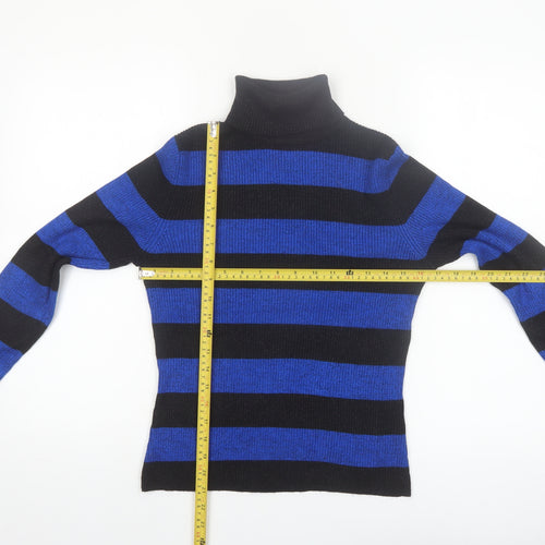 Worthington Women Black Blue Stripe Roll Neck Jumper Small Rayon Blend