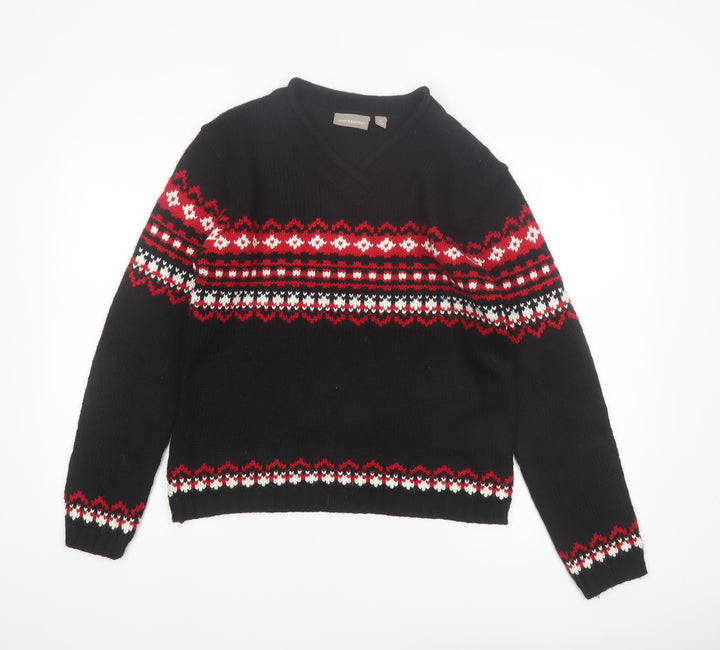 Croft & Barrow Women's Black Red Fair Isle V-Neck Acrylic Jumper Size S