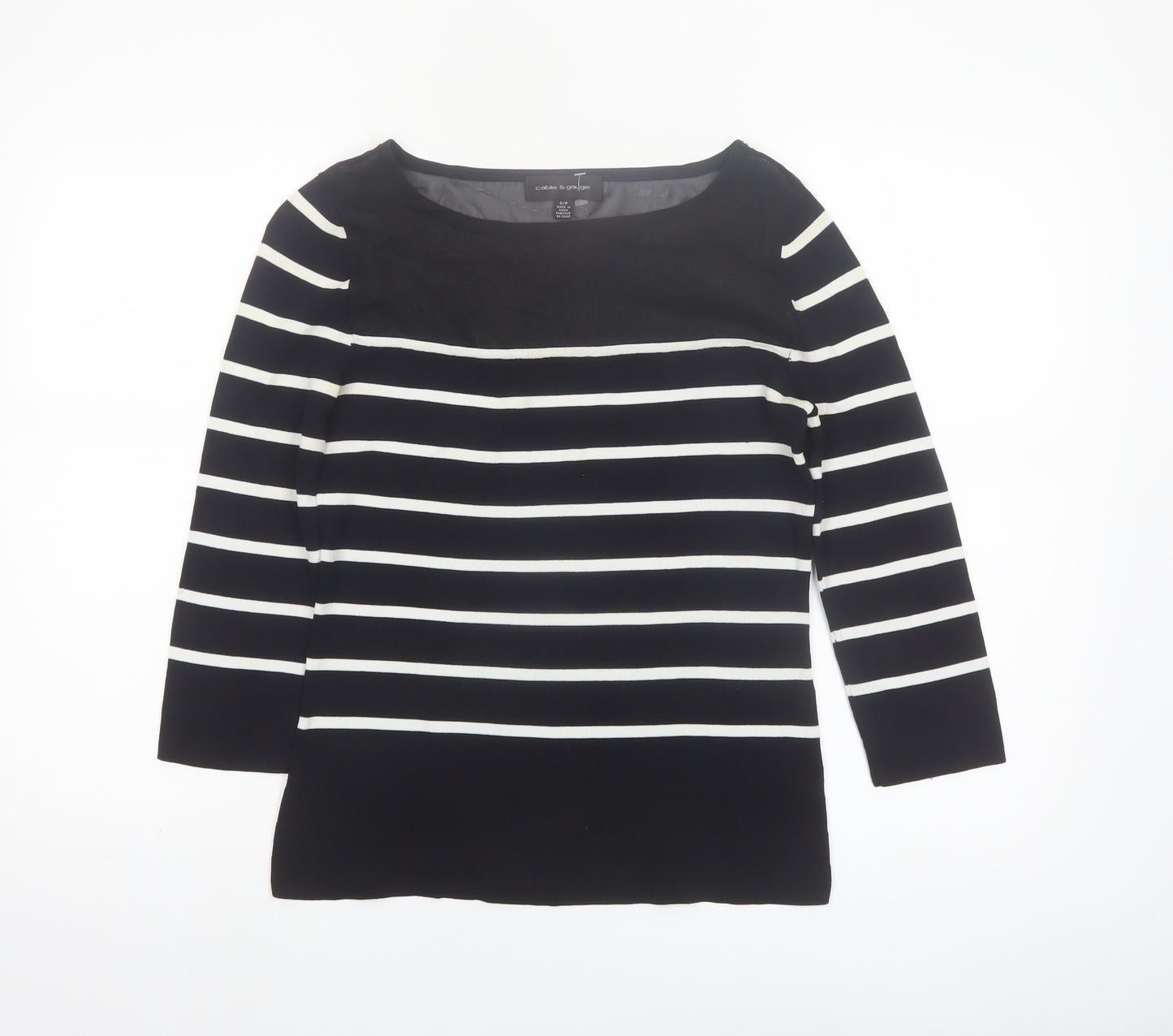 Cable & Gauge Women's Black Striped Boat Neck 3/4 Sleeve Pullover Jumper Size S