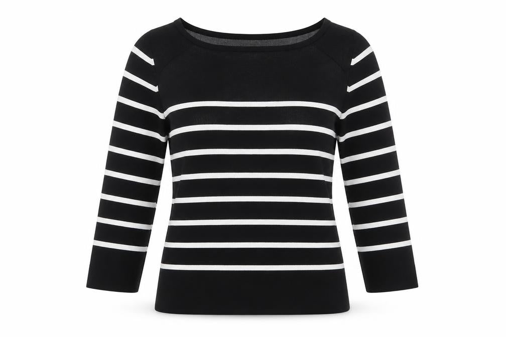Front view of Cable & Gauge Women's Black Striped Boat Neck 3/4 Sleeve jumper, size S