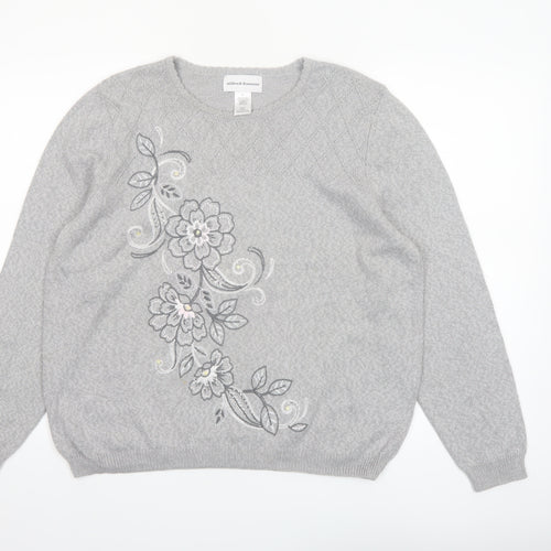 Alfred Dunner Women's Grey Floral Embroidered Pullover Jumper Size L