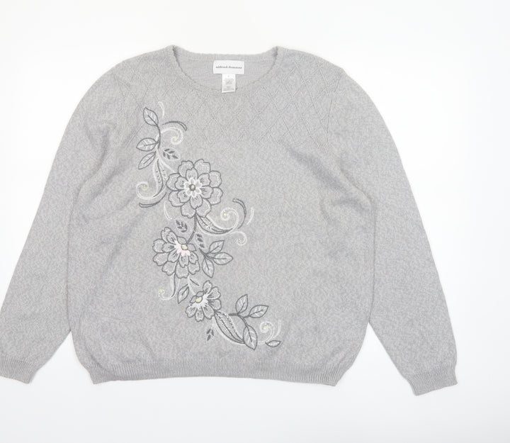 Alfred Dunner Women's Grey Floral Embroidered Pullover Jumper Size L