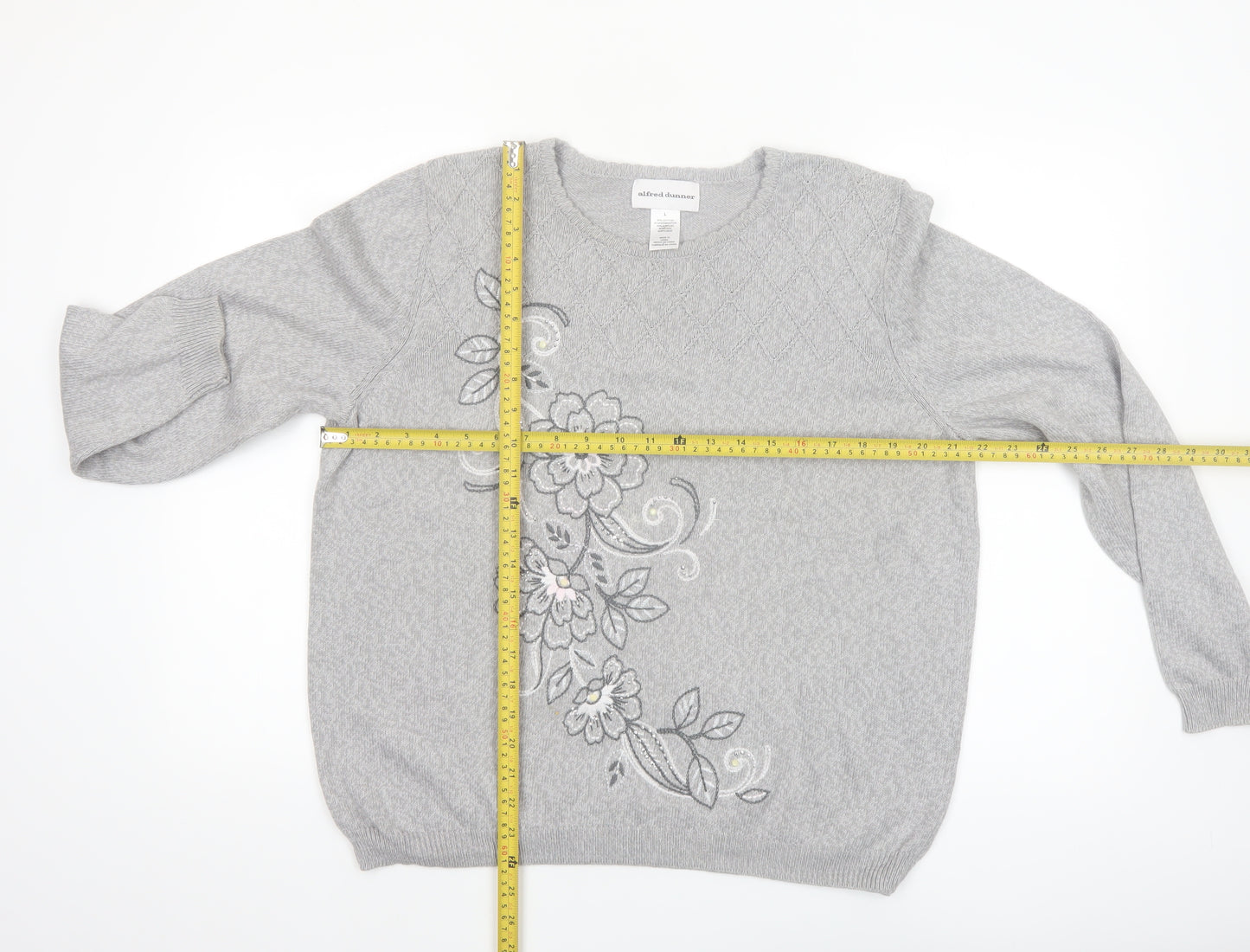 Alfred Dunner Women's Grey Floral Embroidered Pullover Jumper Size L