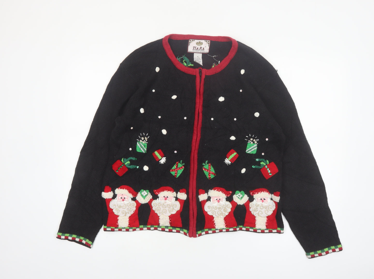 Tiara International Women's Black Christmas Santa Cardigan M