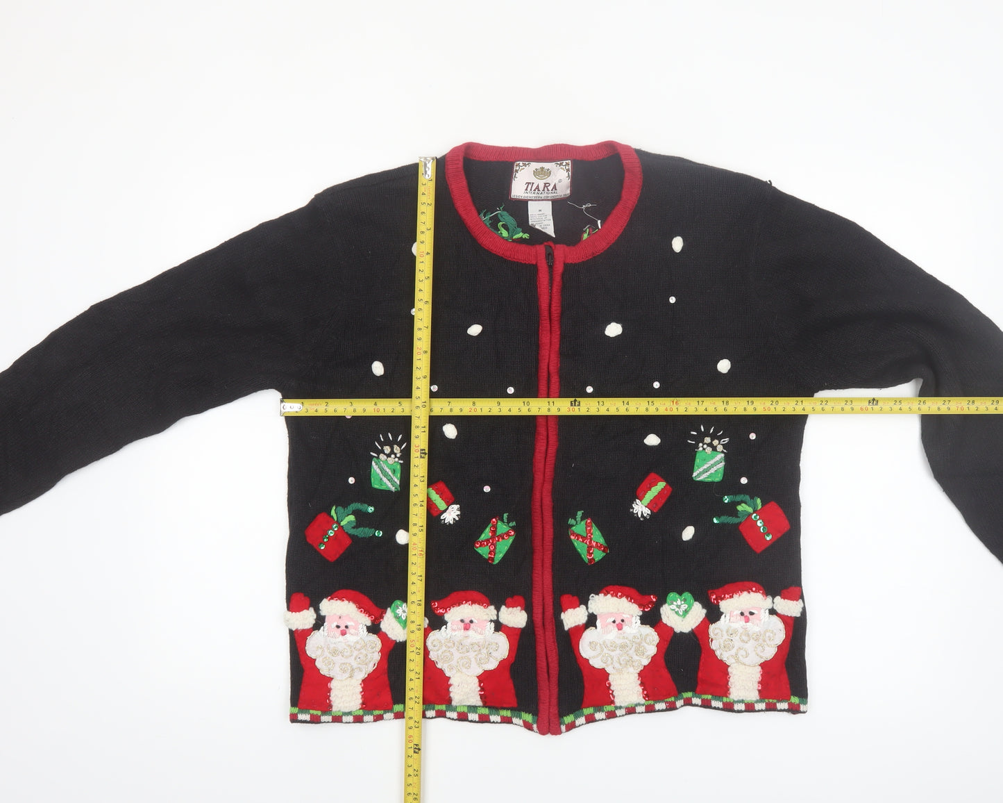 Tiara International Women's Black Christmas Santa Cardigan M