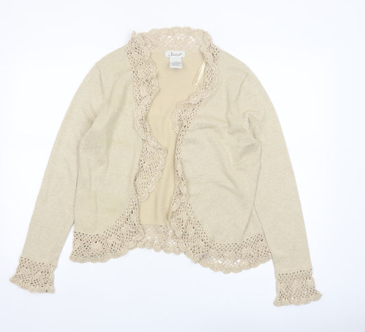 Jessica Women Beige Long Sleeve Crochet Trim Open Cardigan L
