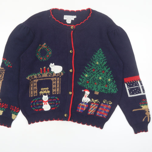 Sweater Loft Womens Blue Christmas Cat Dog Knit Cardigan M