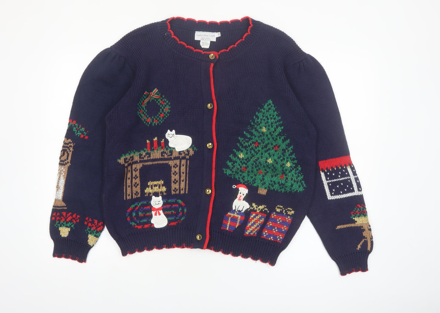 Sweater Loft Womens Blue Christmas Cat Dog Knit Cardigan M