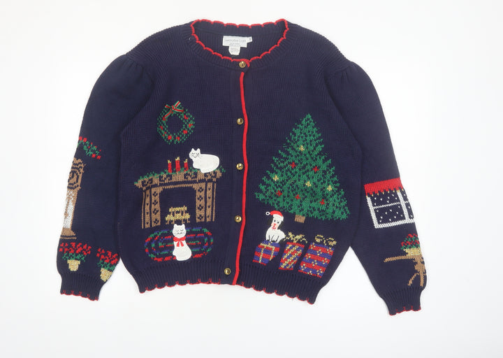 Sweater Loft Womens Blue Christmas Cat Dog Knit Cardigan M