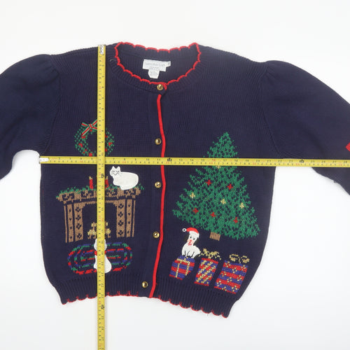 Sweater Loft Womens Blue Christmas Cat Dog Knit Cardigan M