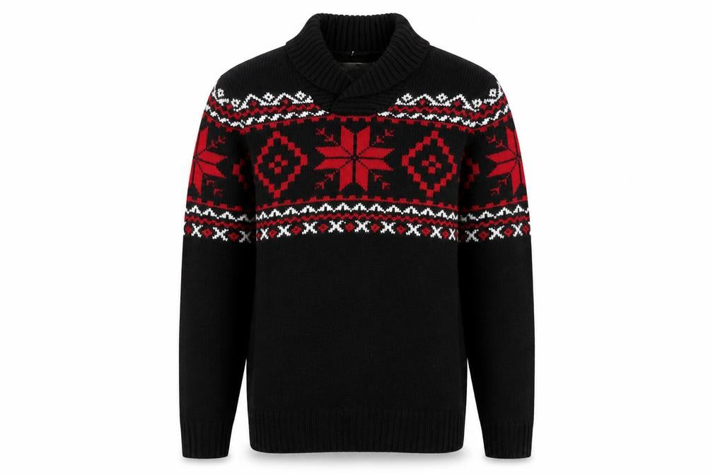 Front view of St John's Bay Men's Black Fair Isle Roll Neck Jumper, size M