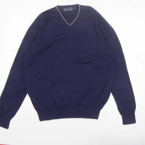 Paul Fredrick Men's Blue V-Neck Cotton Jumper Medium