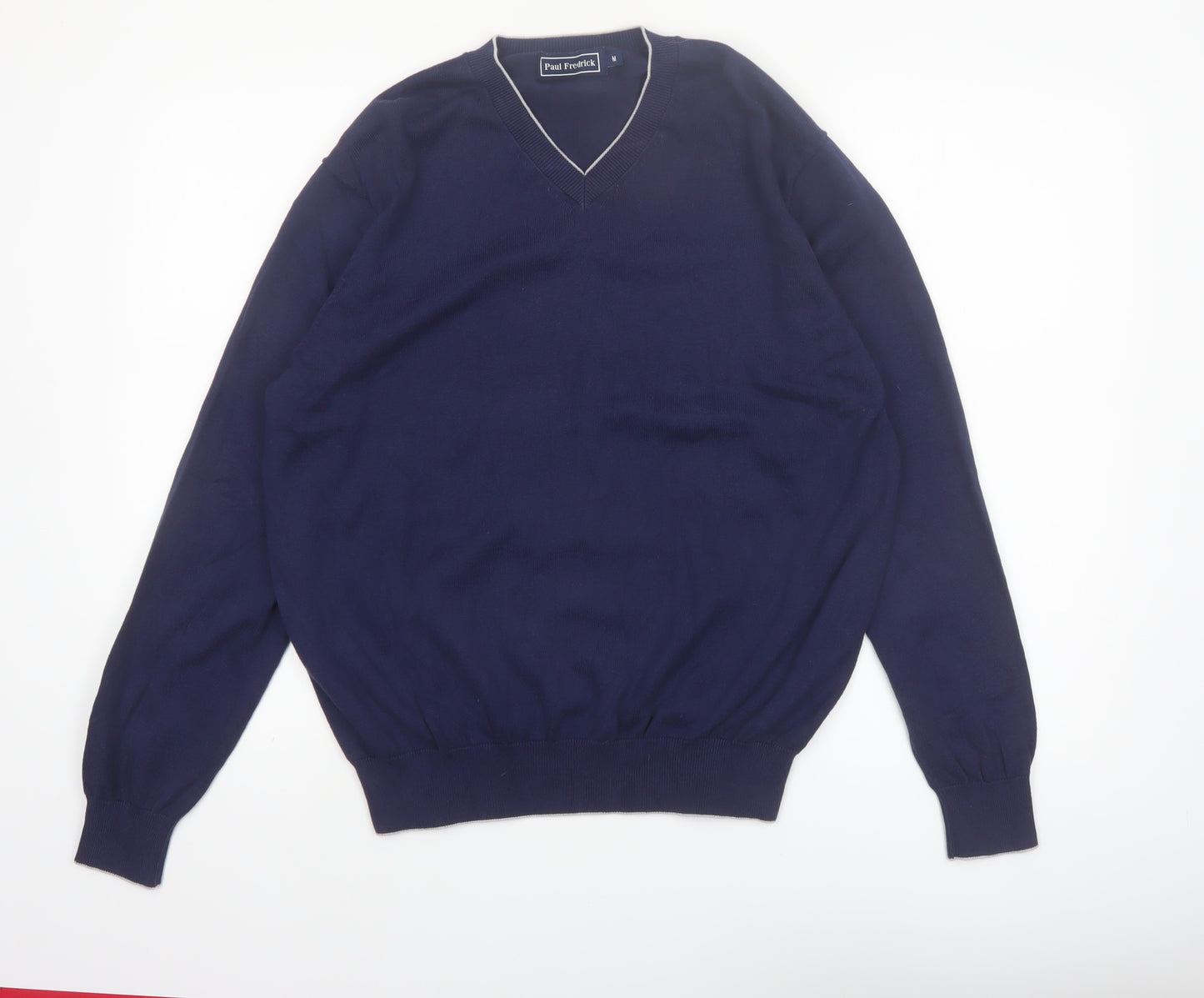 Paul Fredrick Men's Blue V-Neck Cotton Jumper Medium