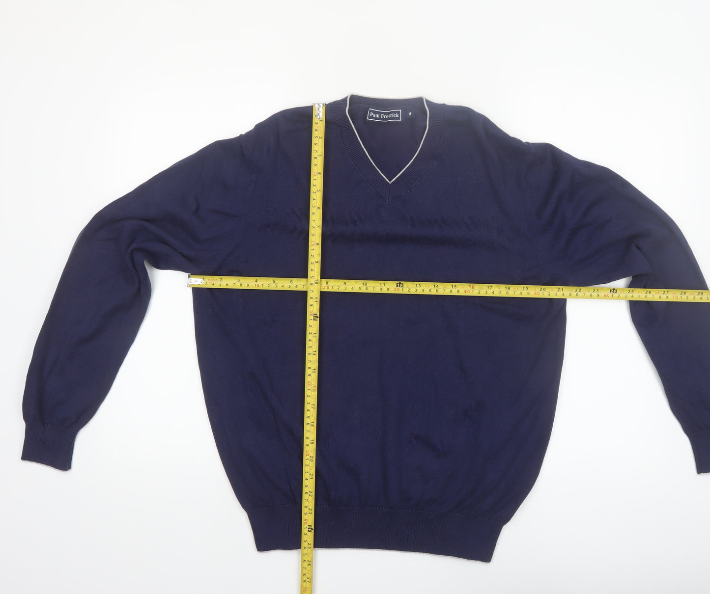 Paul Fredrick Men's Blue V-Neck Cotton Jumper Medium