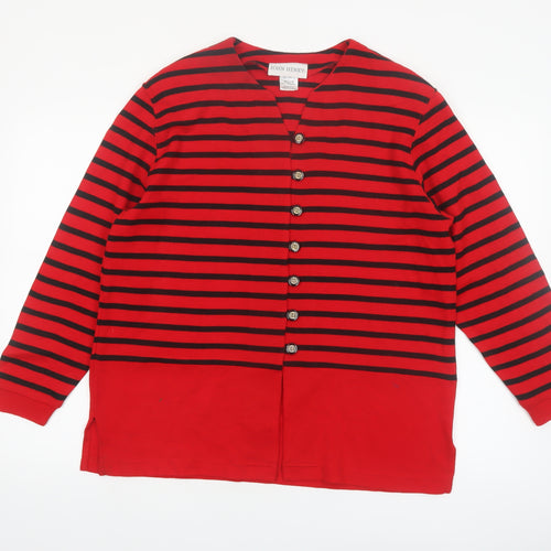 John Henry Womens Red Black Striped Cardigan Medium V-Neck Knit
