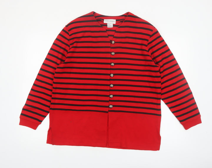 John Henry Womens Red Black Striped Cardigan Medium V-Neck Knit