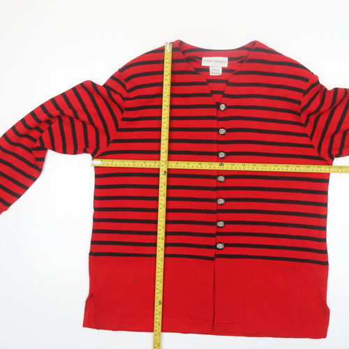 John Henry Womens Red Black Striped Cardigan Medium V-Neck Knit