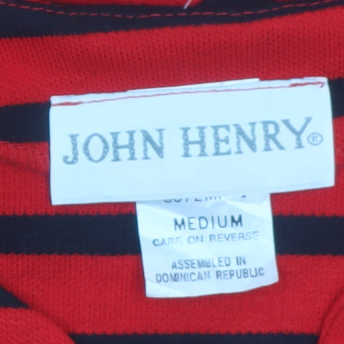 John Henry Womens Red Black Striped Cardigan Medium V-Neck Knit