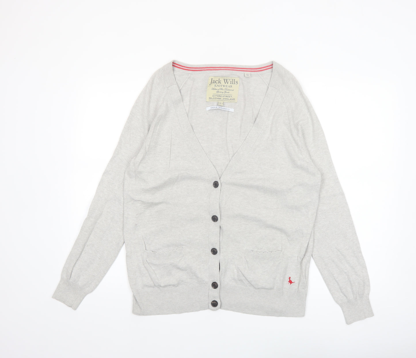 Jack Wills Womens Grey Cardigan Knitwear UK 14 Cotton Cashmere Blend