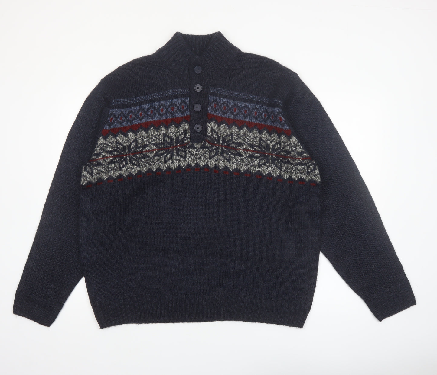 Tricots St. Raphael Men's Blue Fair Isle Henley Wool Jumper XL