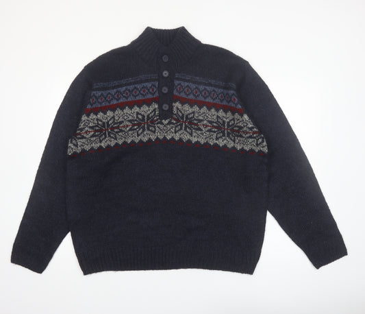 Tricots St. Raphael Men's Blue Fair Isle Henley Wool Jumper XL
