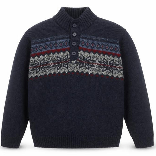 Tricots St. Raphael Men's Blue Fair Isle Henley Wool Jumper XL