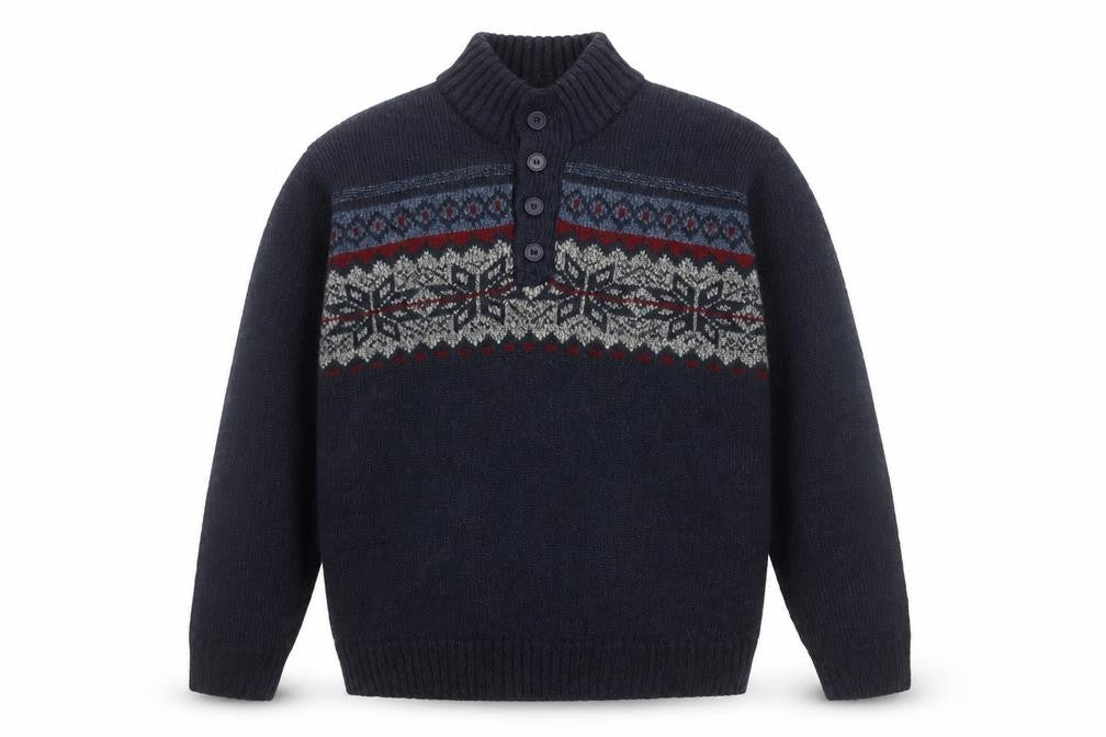 Tricots St. Raphael Men's Blue Fair Isle Henley Wool Jumper XL