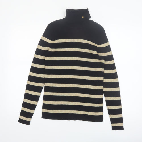 Lauren Ralph Lauren Women Black Gold Striped Roll Neck Jumper Petite M