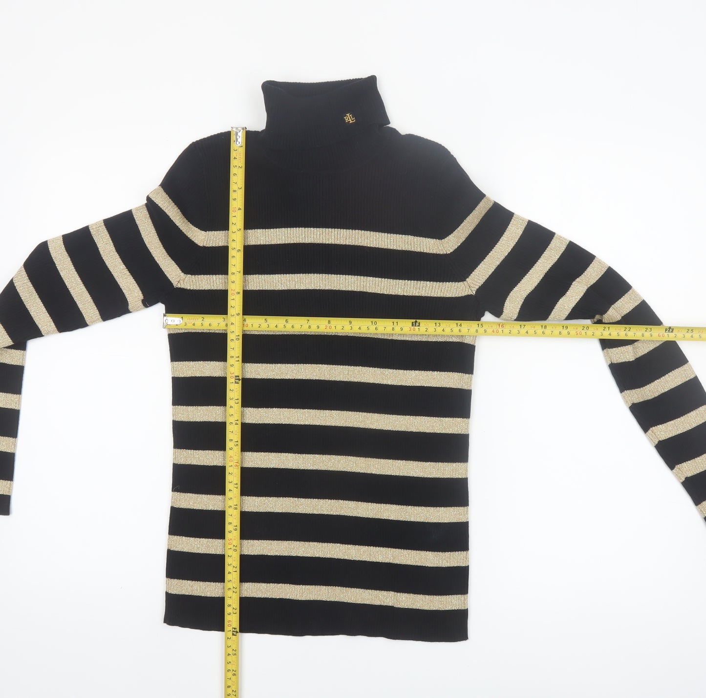 Lauren Ralph Lauren Women Black Gold Striped Roll Neck Jumper Petite M