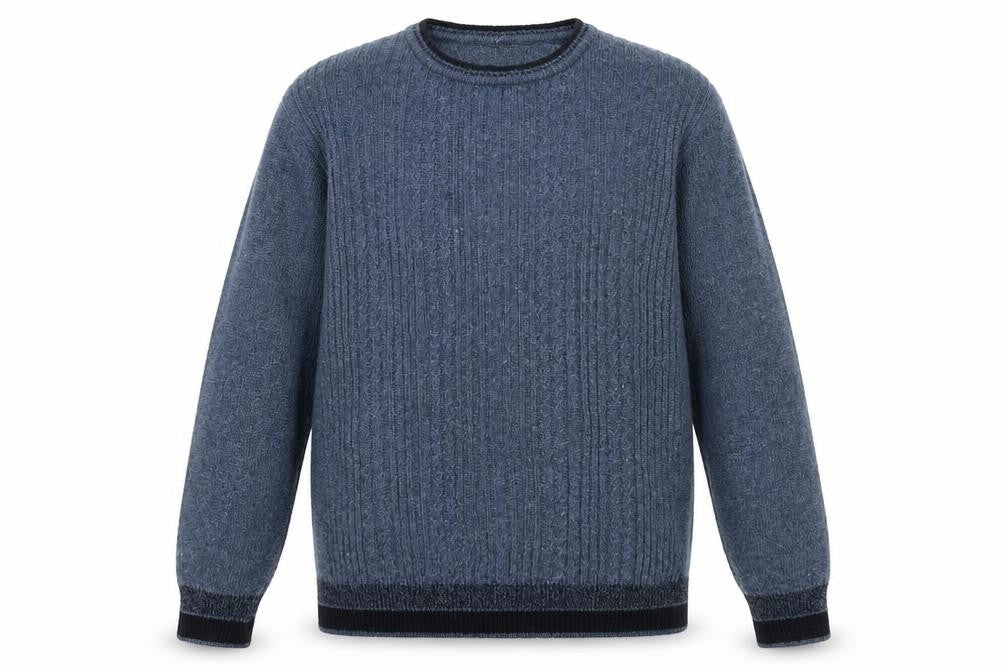 Front view of Turhan Men's Blue Wool Blend Crew Neck Jumper, size L