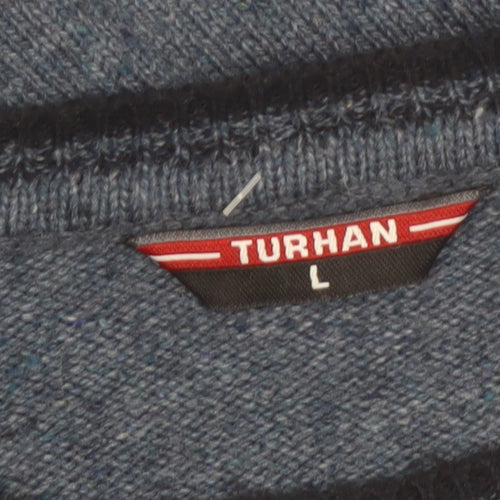 Turhan Men's Blue Wool Blend Crew Neck Jumper Size L