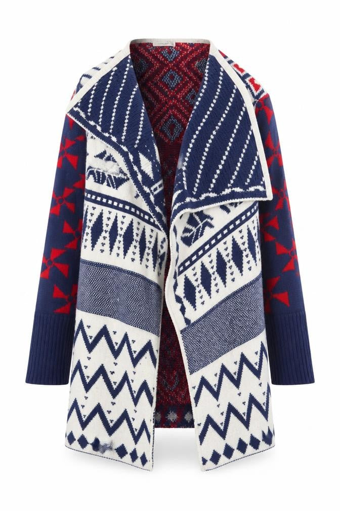 Front view of Knithouse Women’s Multicoloured Aztec Knit Open Cardigan One Size