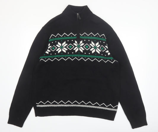 Chaps Men's Black Cotton Fair Isle 1/4 Zip Jumper L