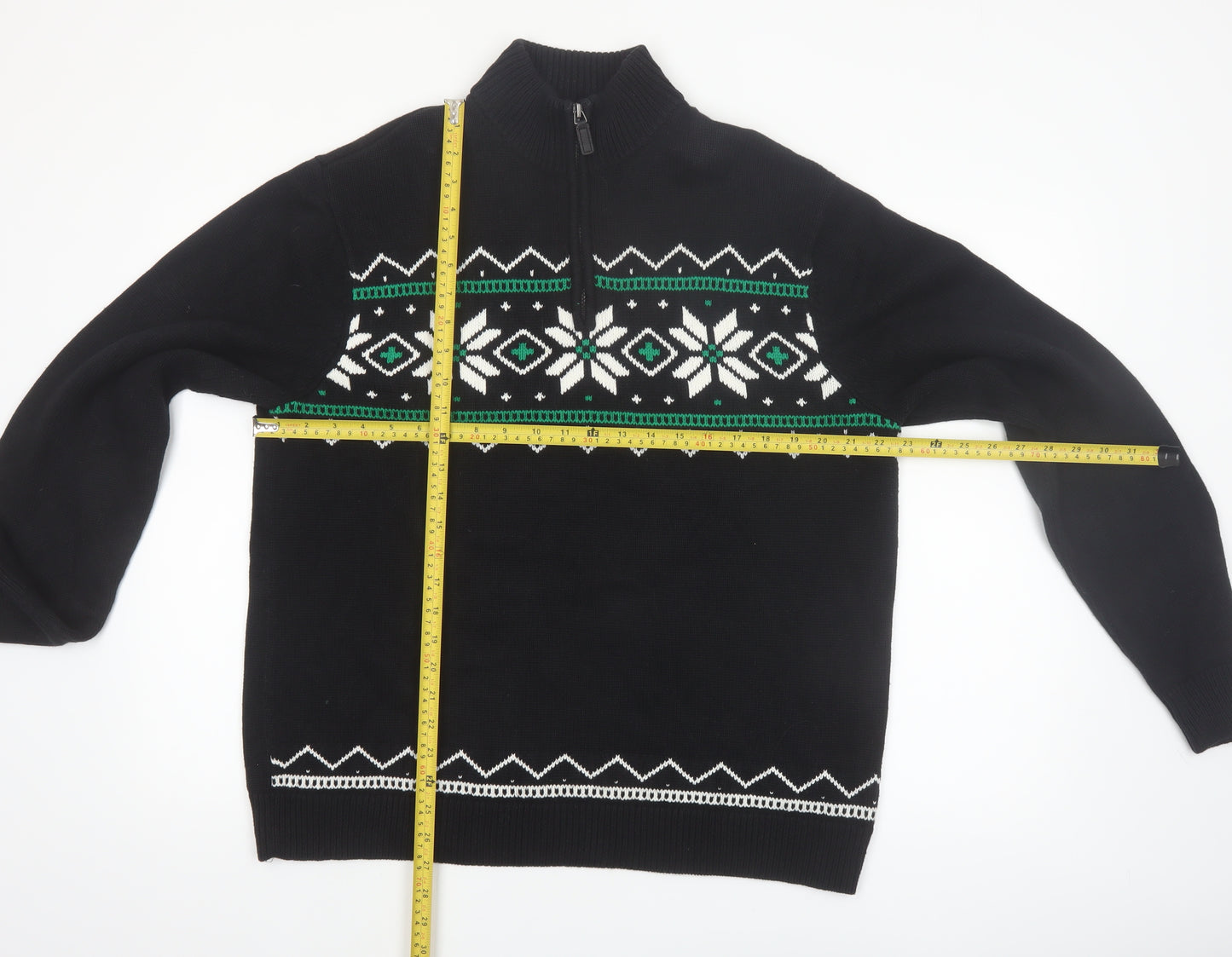 Chaps Men's Black Cotton Fair Isle 1/4 Zip Jumper L
