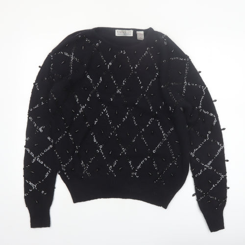 Karen Scott Women Black L Beaded Argyle Silk Blend Jumper