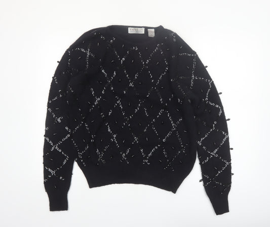 Karen Scott Women Black L Beaded Argyle Silk Blend Jumper