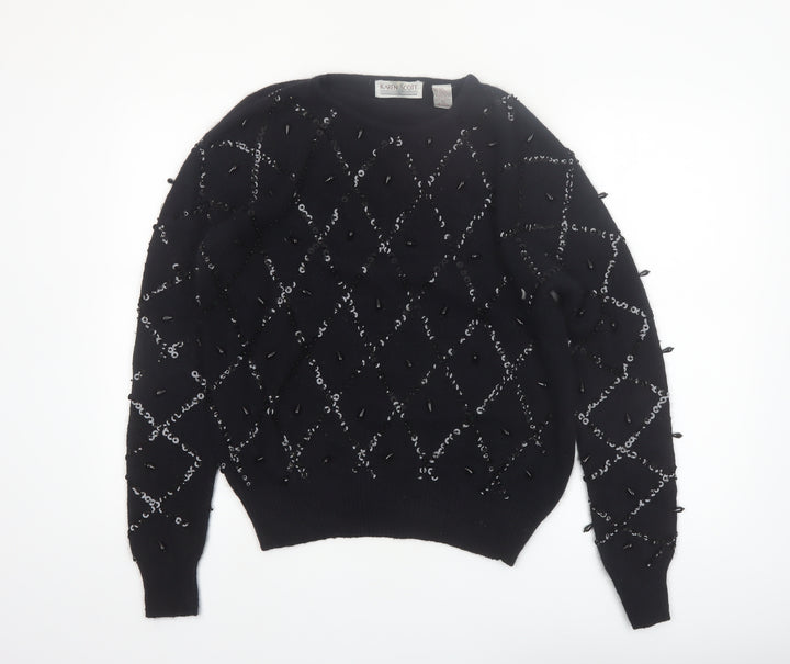 Karen Scott Women Black L Beaded Argyle Silk Blend Jumper