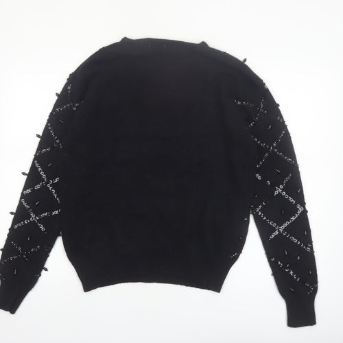 Karen Scott Women Black L Beaded Argyle Silk Blend Jumper