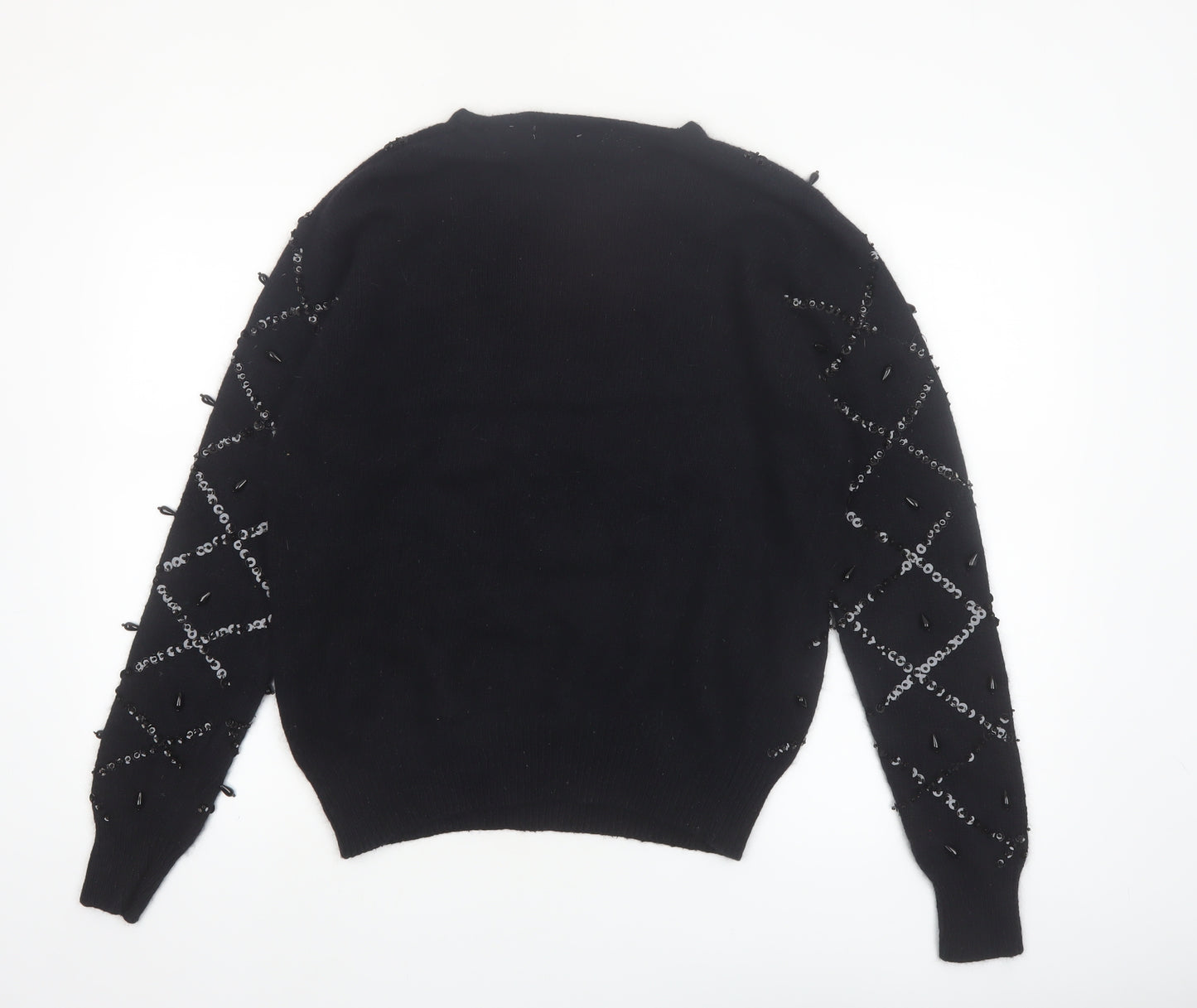 Karen Scott Women Black L Beaded Argyle Silk Blend Jumper