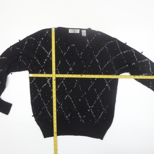 Karen Scott Women Black L Beaded Argyle Silk Blend Jumper