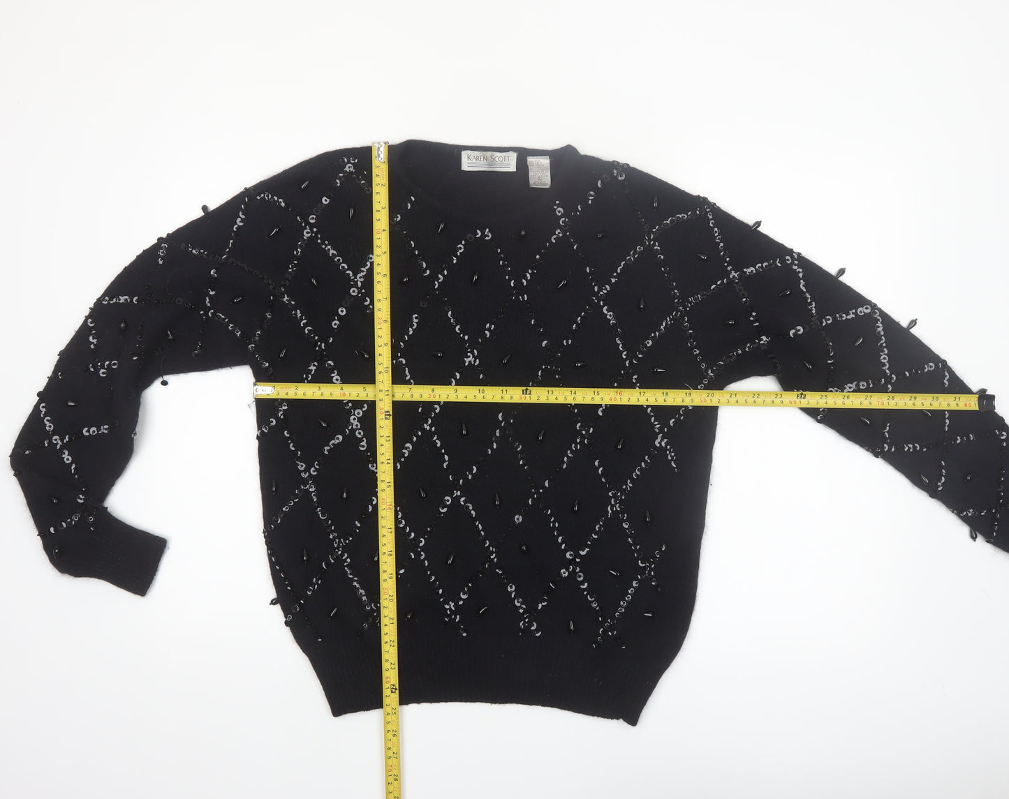 Karen Scott Women Black L Beaded Argyle Silk Blend Jumper