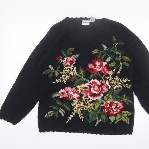 Styleworks Womens Black Floral Knit Ramie Cotton Jumper M