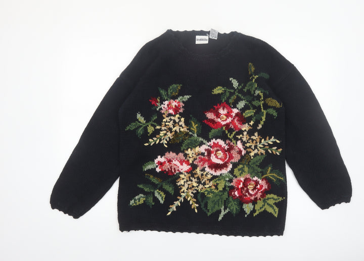 Styleworks Womens Black Floral Knit Ramie Cotton Jumper M